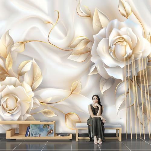 SPECUFX Papier Peint Blanc Or Floral Soie Papier Peint Fleur Papier Peint Cuisine Lavable Mural Chambre Salon