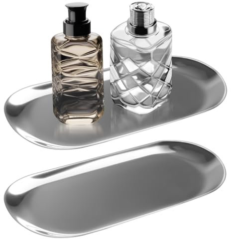 THKO 2 Piezas Bandejas Decorativas, Bandeja Acero Inoxidable Para Servir Comida Llaves Recibidor Centros Decorativos de Mesa Organizador Perfumes Aperitivos Portavelas Joyas (Plateada 23×10cm)