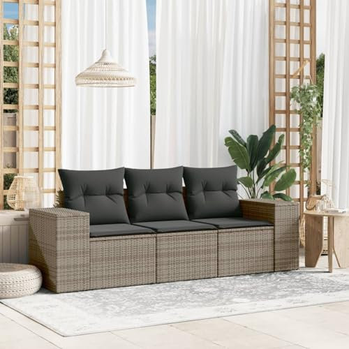 Faroom Balkon Sofa mit Stauraum Gartensofa 3 Sitzer Rattan Sofa Lounge Sofa Outdoor Rattansofa Sitzecke Balkon Lounge Klein Couch Gartenlounge Polyrattan Balkonmöbel Grau 3-tlg-Type-279