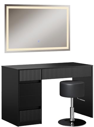 Vicco Schminktisch Omira, Schwarz, 120 cm mit LED-Spiegel und Hocker