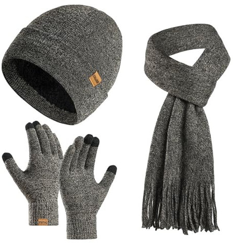 Enwokran Wintermütze Touchscreen Handschuhe Lang Schal Set Unisex Beanie Mütze Fleece Warme Haube Winterschal Kaschmir Strickmütze Strickschal mit Fleece Gefütterte Thermo Handschuhe (Mittelgrau)