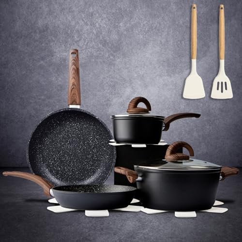 Vkoocy Juego de ollas y sartenes antiadherentes, juego de utensilios de cocina de cerámica saludable, 12 ollas de cocina y sartenes para saltear, sin PFAS con utensilios de cocina y tapa, color negro