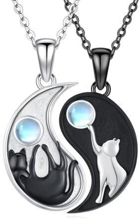 OHAYOO Yin Yang Halskette 925 Sterling Silber Yin Yang Anhänger Kette Partnerketten für Sie und Ihn Yin Yang Schmuck Geschenke für Damen Herren Couple (Mondstein Katzen)