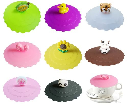 LUHOCIY 8 Stück Deckel für Gläser,Glasabdeckung Trinkglas, Silikondeckel für Gläser, für Keramiktassen Oder Gläser, Etc, für Auslaufsichere Staubdichte Wiederverwendbare Süße Silikondeckel