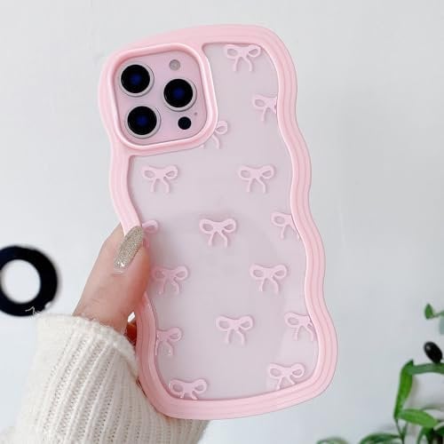QLTYPRI Bow Case for iPhone 13 Pro, Clear Cute Ribbon Bow Phone Case Curly Wavy Aesthetic Phone Case, Slim Soft Transparent Shockproof Protective Cover for Women Girls - Pink