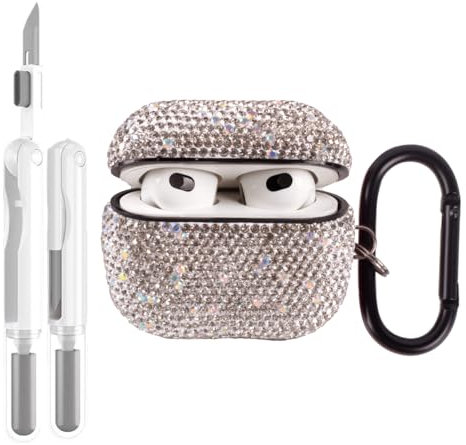for AirPods 3 Case Cover with Cleaner Kit,Bling Diamond Protective Case for Apple AirPod 3nd Generation Case for Women Men (White AB for 3th)