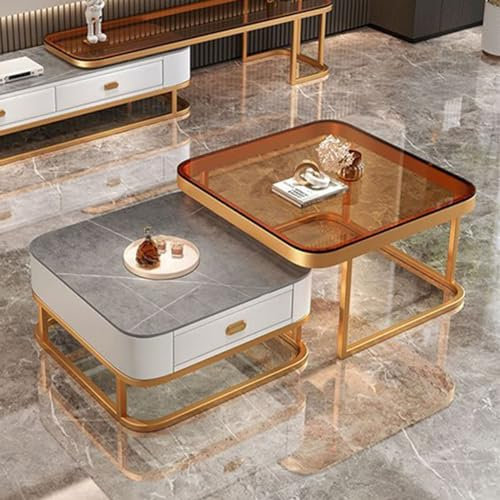 Luxus Marmor Quadratisch Glas Couchtisch Set Modern Edelstahl Rahmen Beistelltisch Set für Wohnzimmer und Büro