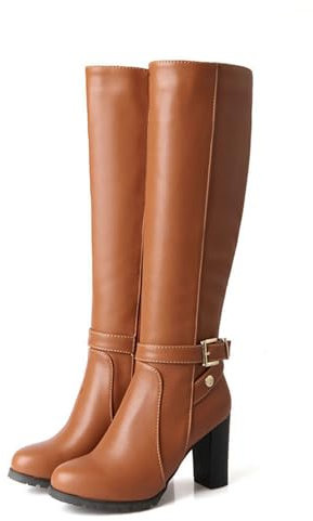 Stivali Alti Fino al Ginocchio con Cerniera e Punta Tonda con Tacco Alto Spesso, Stivali Dritti Traspiranti in Velluto Sottile, Stivali a metà Polpaccio Cuciture,Marrone,37 EU