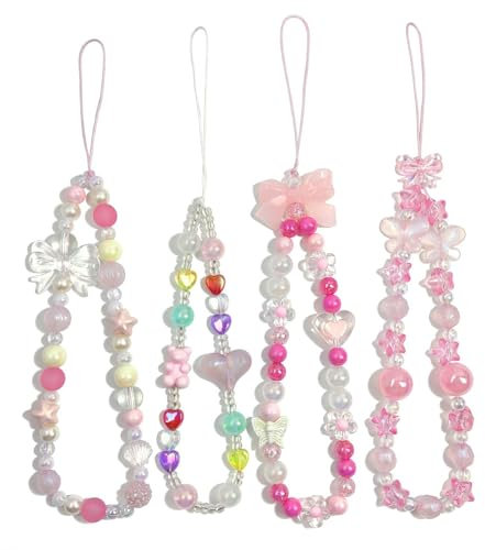 Calkkrer 4PCS Cute Handy-Anhänger, Beaded Handy-Kette, Handyband, Handgelenk-Schlaufe, Handy-Schmuck, Handy-Wrist-Strap, Aesthetic Phone Charm, Frauen, Handy-Hülle, Lanyard