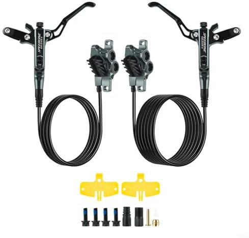 Entgoinggo Fahrrad Scheibenbremssatz, 4 Kolben hydraulische Bremssatz für Mountainbikes, Seitenbremssystem 6061 Aluminiumlegierung Fahrradteil (silbergrau)