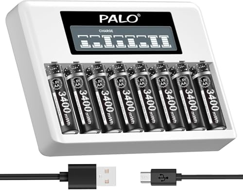 Battery Charger with aa batteries -8 Pieces 3400mWh AA Rechargeable Batteries 1.5V With LCD Individual Quick Chargers For AA AAA Li-Ion Rechargeable Batteries With Type C And Micro USB Input
