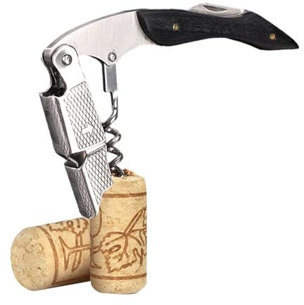 Abrebotellas profesional de camarero, abridor de botellas de vino, removedor de tapas de botellas de acero inoxidable integrado, mango de madera de acero inoxidable, adecuado para amas de casa