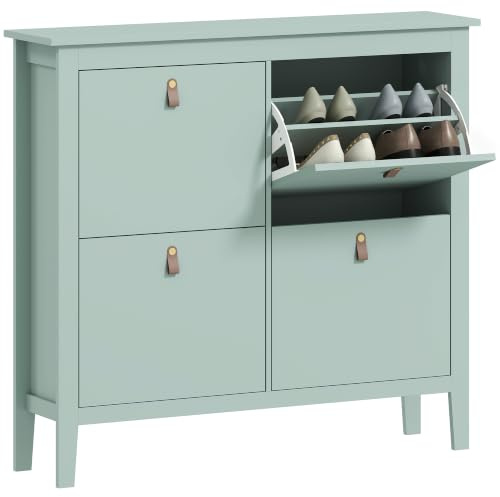 HOMCOM 4 Drawer Shoe Cabinet Flip Doors 20 Pairs 105 x 24 x 95.5 cm Green | Narrow Shoe Storage Cabinet, Removable and Adjustable Shelves, Footwear Cupboard, Hallway, Entryway