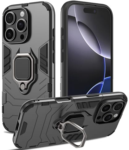 RIIMUHIR Case for iPhone 16 Pro, Shockproof Cover with 360° Metal Ring Stand, Anti-Scratch Hard Protective Case, Full Body Bumper Case with Camera Protection (Black)