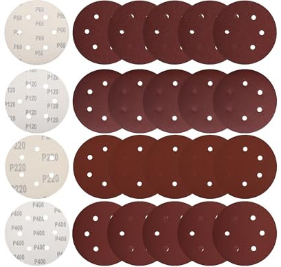 60 pezzi Dischi Abrasivi, 150 mm Carta Abrasiva per Levigatrice Orbitale 6 Fori, 15 x 60/120/220/400 Grana Ideale per Levigatura, Lucidatura, Spolveratura