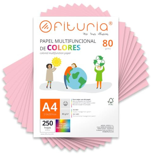 Feuilles de couleur, Pack 250 Feuilles A4 80gr – Papier couleur pour loisirs créatifs, imprimante, scrapbooking – Feuilles colorées – Idéal pour origami, pliage, bureau et école (Rose Clair, 250h)