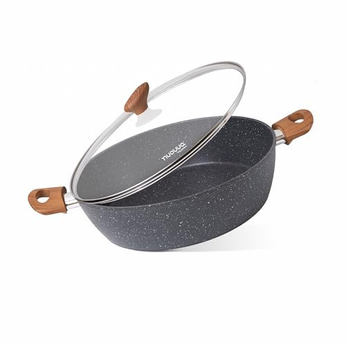 Non Stick Cooking Pots with Glass Lid – 4.1 Quart Induction Hob Stock Pot – Kitchen Shallow Casserole Cookware – 30cm, Marble – by Nuovva