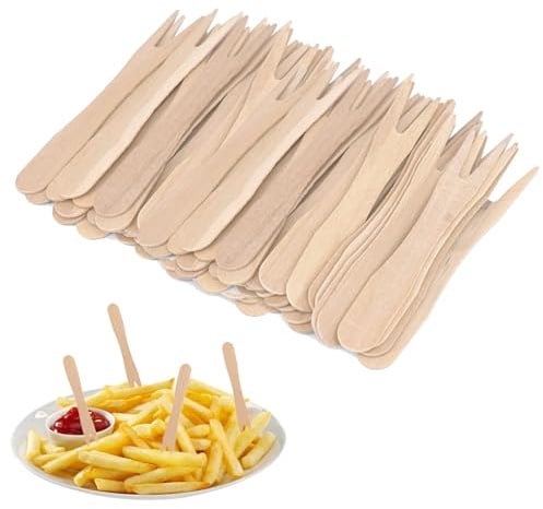 pommesgabeln, pommes piekser, Holz currywurst piekser, 200 Stück holzgabeln, Einweggeschirr aus Holz, geeignet für Partygeschirr, Geburtstage, Camping und Picknicks, 85 mm (85 mm)