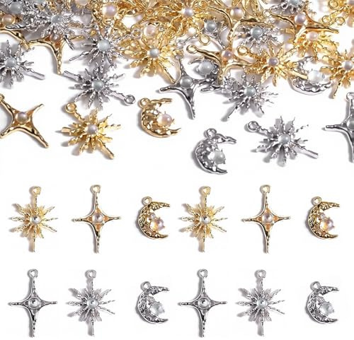RUISPEED Stino Schmuck-Set mit 60 himmlischen Charms, Mond-, Stern- und Sonnenanhänger, silber- & goldfarben, Zubehör für DIY-Schmuckherstellung