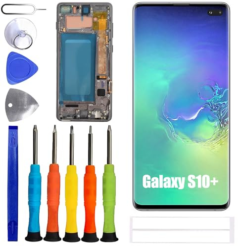 ERYNK TFT Display Für Samsung Galaxy S10 Plus SM-G975F, SM-G975U, SM-G975W [mit Rahmen] [Keine Fingerabdruckfunktion] [6.4 Zoll] Black LCD Display Touch Screen Digitizer with Werkzeugsatz