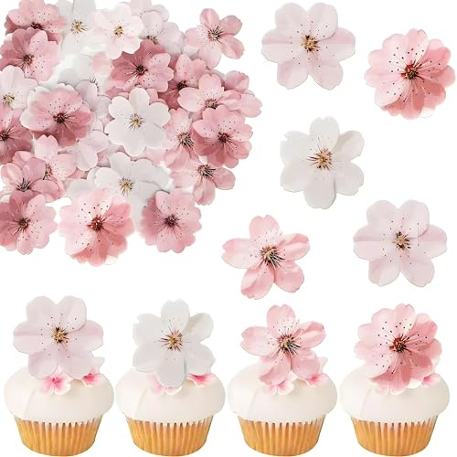 Edible Cherry Blossom Cupcake Toppers, 50Pcs Wafer Paper Cake Toppers, Edible Cupcake Decorations for Wedding, Baby Shower, Birthday Party and Spring Events | Edible Pink Flowers Decoration for Cake Blossoms Cupcake Topper for Wedding Birthday Party Anniversary Baby Shower