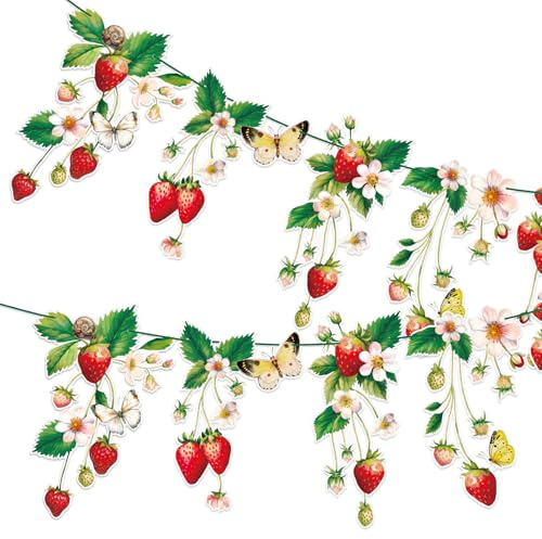 SUNBEAUTY Vintage Erdbeeren Wandtattoo, Botanische Gartenkunst mit Blüten und Schmetterlingen, Dekorative Wandaufkleber für Küche und Esszimmer