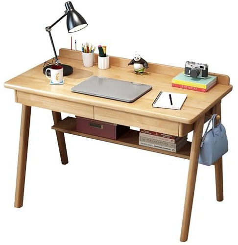 Schreibtisch Holz mit Schubladen, Holz Tisch mit Regalen und Haken,Computertisch Im HeimbüRo, Arbeitstisch Zum Studieren und Schreiben, Nussbaum Massivholz Schreibtisch,Wood Color,80cm