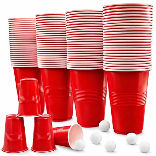Bellanova 100 Stück 500 ml Mehrweg-Partybecher mit 10 Tischtennisbällen | Rote Kunststoffbecher (16,9 oz) für Gruppenaktivitäten, Feiern, Camping und Getränke
