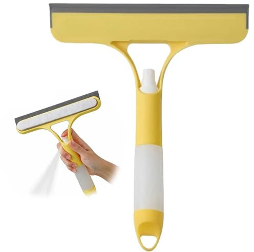 3 in 1 Window Cleaning Scraper with Spray Bottle, 8.5In Handheld Window Cleaner Squeegee for Home, Glass Cleaning Scraper Shower Cleaning Tool Yellow