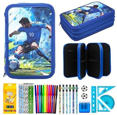 Ronronner 46pcs Federmäppchen Jungen – Fußball Motiv | Mäppchen Jungs 3fach mit 24 Buntstifte + Watercolor Stifte | Federtasche Jungen groß als Schlampermäppchen für die Schule