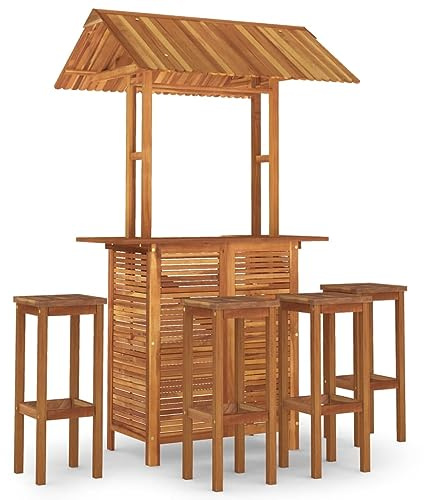 Owoxanthellate 5-TLG. Gartenbar-Set Holz Akazien-Massiv 113x106x217 cm mit Dach & 4 Barhockern Modernes Design Robust und Langlebig für Garten Terrasse Balkon Outdoor