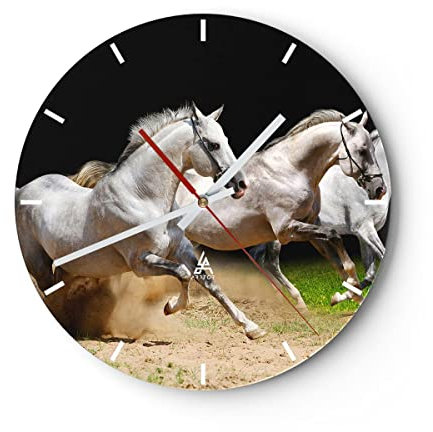Modern Wanduhr Pferde Sand Gras 40x40cm Rund Groß Wand Uhr Glas Analog Zimmeruhren Küche Büro Wohnzimmer Glasuhr Wall Clock Dekoration Design Wanddekoration Küchenuhr C3AR40x40-0175