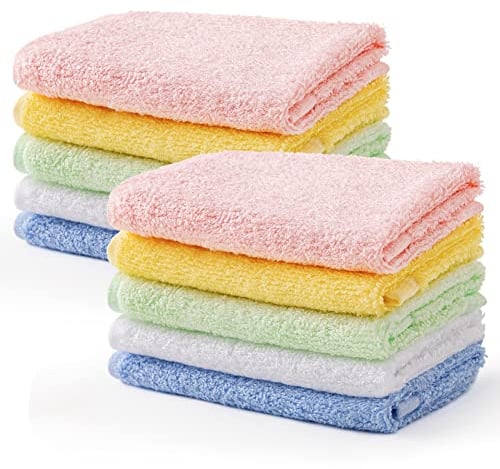 HBselect 10er Baby Waschlappen weiche Handtücher Waschtücher 5 Farben mit je 2 stk aus hochwertigen Bambusfaser mit Hänge Seil für empfindliche Haut 25x25cm