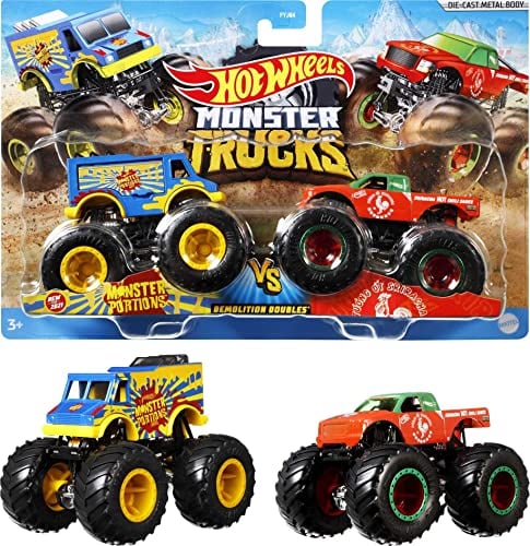 Hot Wheels Monster Trucks 2-Pack, Demolition Doubles Set of 2 Toy Vehicles in 1:64 Scale, For Kids & Collectors (Styles May Vary), FYJ64