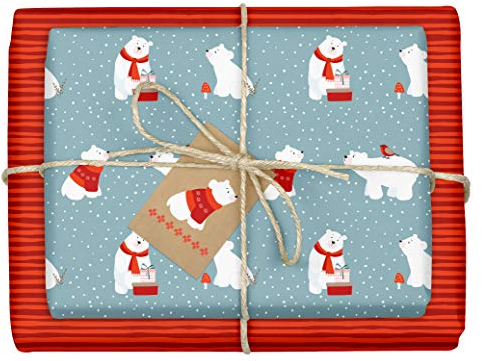 4x Geschenkpapier Weihnachten für Kinder Eisbär: doppelseitige Bögen Weihnachtsgeschenkpapier | DIN A2 (Öko, Recycling-Papier) + 4 x Anhänger im Set | Für Jungen und Mädchen | hellblau, rot