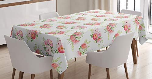 ABAKUHAUS Nostalgisch Tischdecke, Magnolia Frische Knospen, Schmutzabweisend Pflegeleicht Waschbar Druck Mit Klaren Farben ohne Verblassen, 140 x 200 cm, Grün Rosa
