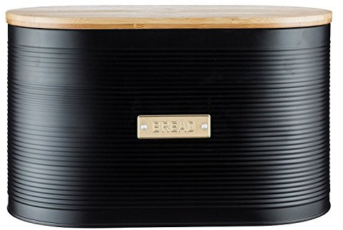 Typhoon Retro Sleek Design Embossed Stripe Stainless Steel Tea Coffee Sugar Cookie Bread Bin Storage Jar Canister Wooden Bamboo Lid Otto Black (Bread Bin)