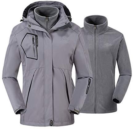 donhobo Damen Jacken 3-in-1 Fleece Gefüttert Winterjacke Winddicht Warm Verdickte Softshelljacke Wasserdicht Outdoor Wanderjacke Funktionsjacke Grau S