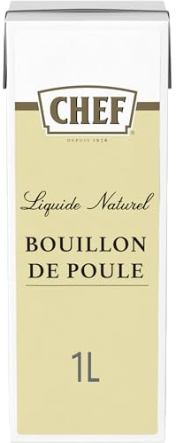 CHEF Bouillon de Poule Naturel Liquide - Prêt-à-l'Emploi - Réalisé avec 840g d'Os de Poule - Ingrédients d'Origine Naturelle - Gain de Temps - Aide Culinaire, Sauce, Fonds, Fumet - Brique de 1L