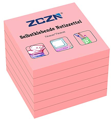 ZCZN Haftnotiz Sticky Notes Selbstklebende Haftnotizzettel Notizzettel Klebezettel 6 Blöcke, 80 Blatt, 76 x 76 mm, rosa
