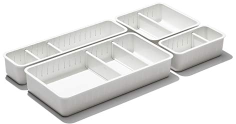 OXO Good Grips Abfalleimer mit herausnehmbaren Trennwänden, verstellbar, 4-teiliges Komplett-Set in Weiß, minimalistisch, CADDY, Müllbehälter, Müllimer