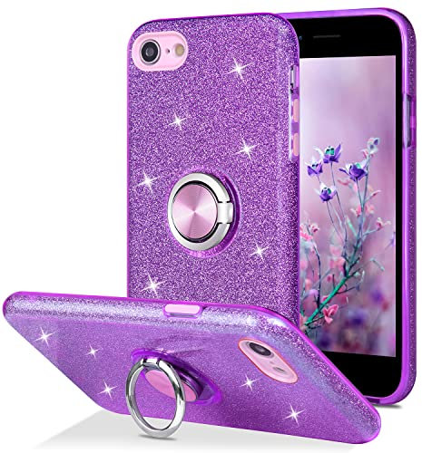 wisdompro Glitter Case for iPhone SE 2022/SE 2020, iPhone 8, iPhone 7, Cute Bling Sparkly Protective Case with Ring Stand, Women Girls Phone Case for iPhone SE 3rd Gen/2nd Gen/8/7 - Purple