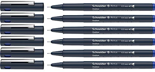 Schneider Pictus Fineliner (Strichstärke 0,3 mm, dokumentenechte Pigmentliner, metallgefasste Spitze, Gehäuse aus 85% recyceltem Kunststoff) 6er Pack, blau