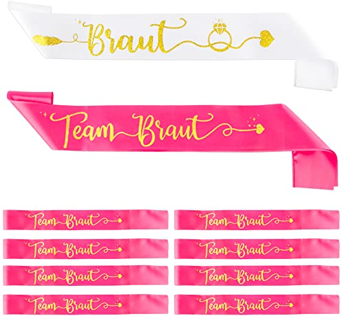 FLOFIA 10 PCS Braut Schärpe 9* Team Braut Schärpe Junggesellinnenabschied Schärpe JGA Party Schärpe Hochzeit Party Schärpe Zubehör Brautaccessoires Rosa