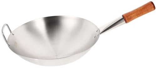 Yardwe Stainless Steel Wok Pan Pow Wok Stir Fry Pans Chinese Cooking Pan with Wooden Handle for Home Professional Cooking Outdoor 32CM