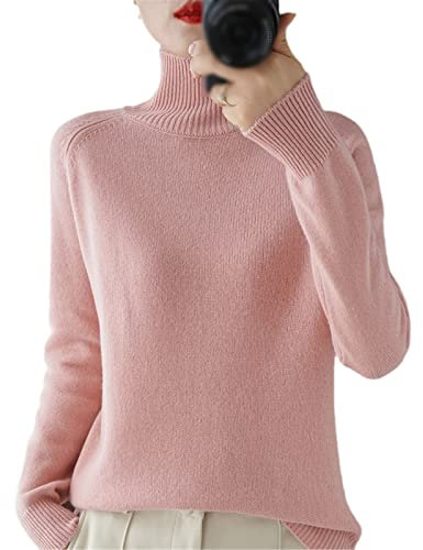 BeerMmay Pull à col roulé en Laine Cachemire pour Femme - Automne et Hiver - Couleur Unie - Pull tricoté pour Femme - Décontracté - Basique, Rose, UK7 / 41EU / US8