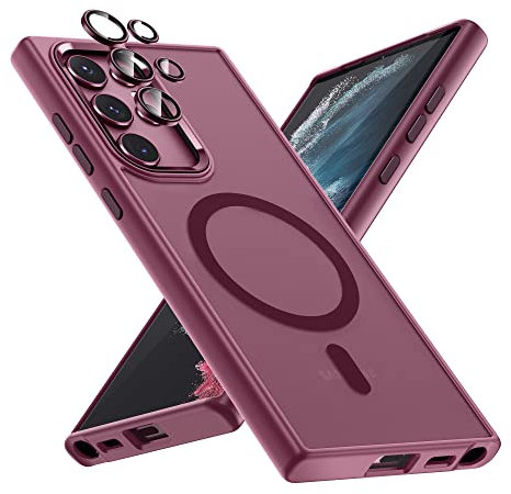 MAKAVO Coque translucide Mate pour Samsung Galaxy S22 Ultra, magnétique Compatible avec MagSafe, Coque Fine avec Protecteur d'objectif d'appareil Photo Antichoc - Bordeaux