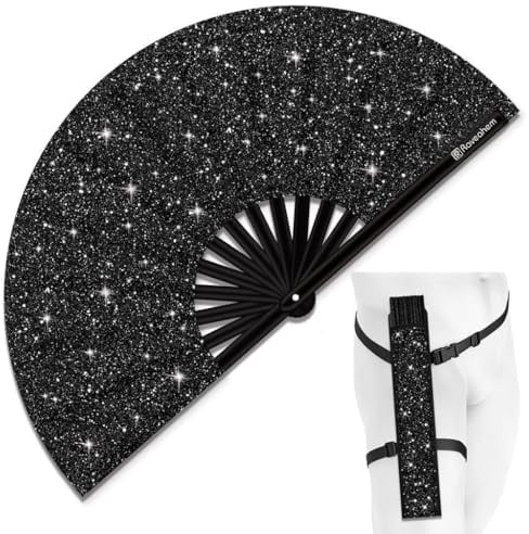 Raveahem Glitter Large Rave Folding Clack Hand Fan with holster for men/women Handheld Fan for EDM,Festival,Club,Party,Dance, Blk