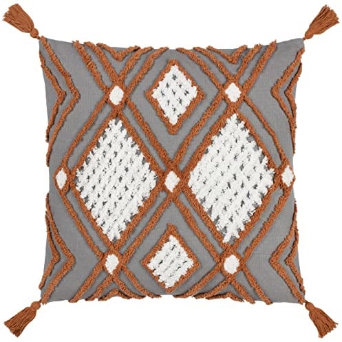 furn. Aquene Feather Filled Cushion – Diamond Tufted Geometric Cotton Tassel Corner Pillow (Charcoal/Brick – 50x50cm)