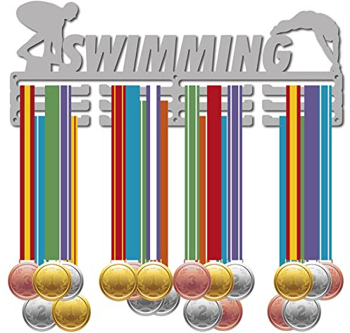 CREATCABIN Schwimm-Medaillenaufhänger Medaillenhalter Sportregal Auszeichnung Metallhalter Stabile Wandmontage Für Schwimmer Läufer Sportler Spieler Gymnastik Geschenk Über 60 Medaille Silber 40x15cm